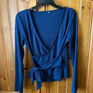 Blue Wrap Tie Front Blouse
